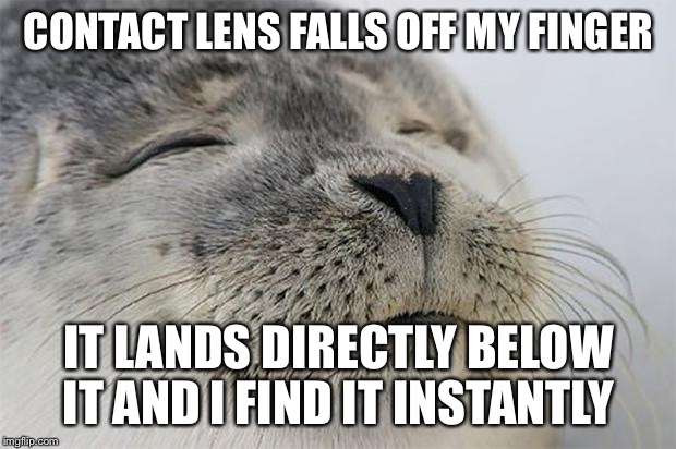 Satisfied Seal | CONTACT LENS FALLS OFF MY FINGER; IT LANDS DIRECTLY BELOW IT AND I FIND IT INSTANTLY | image tagged in memes,satisfied seal,AdviceAnimals | made w/ Imgflip meme maker