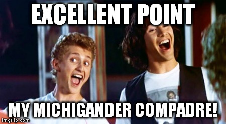Bill and Ted 69 dudes | EXCELLENT POINT MY MICHIGANDER COMPADRE! | image tagged in bill and ted 69 dudes | made w/ Imgflip meme maker