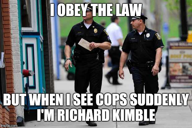 Paranoia  | I OBEY THE LAW; BUT WHEN I SEE COPS SUDDENLY I'M RICHARD KIMBLE | image tagged in cops | made w/ Imgflip meme maker