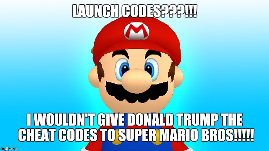 Donald Trump wants launch Codes  | LAUNCH CODES???!!! I WOULDN'T GIVE DONALD TRUMP THE CHEAT CODES TO SUPER MARIO BROS!!!!! | image tagged in donald trump | made w/ Imgflip meme maker