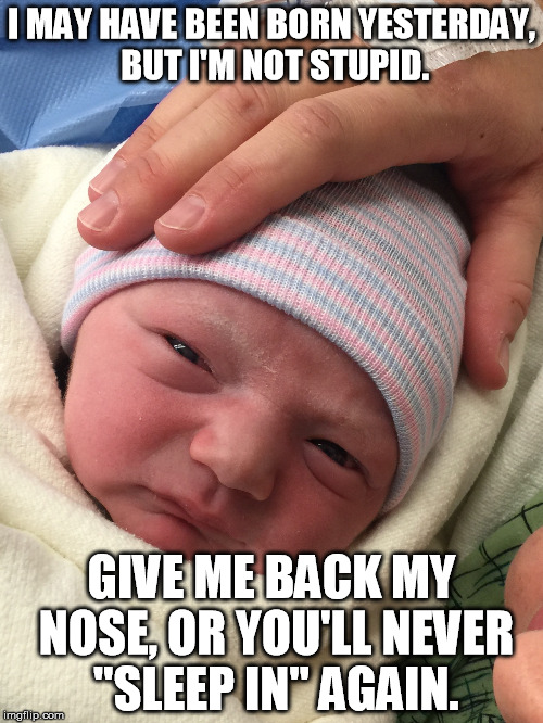 My cousin.  He was, quite literally, born yesterday. | I MAY HAVE BEEN BORN YESTERDAY, BUT I'M NOT STUPID. GIVE ME BACK MY NOSE, OR YOU'LL NEVER "SLEEP IN" AGAIN. | image tagged in memes,funny,baby | made w/ Imgflip meme maker