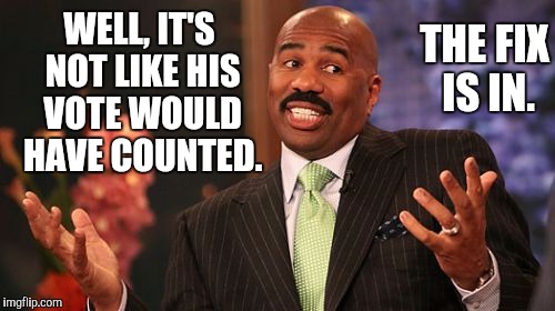 Steve Harvey Meme | WELL, IT'S NOT LIKE HIS VOTE WOULD HAVE COUNTED. THE FIX IS IN. | image tagged in memes,steve harvey | made w/ Imgflip meme maker