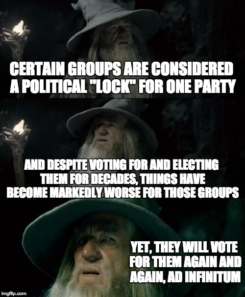 Confused Gandalf | CERTAIN GROUPS ARE CONSIDERED A POLITICAL "LOCK" FOR ONE PARTY; AND DESPITE VOTING FOR AND ELECTING THEM FOR DECADES, THINGS HAVE BECOME MARKEDLY WORSE FOR THOSE GROUPS; YET, THEY WILL VOTE FOR THEM AGAIN AND AGAIN, AD INFINITUM | image tagged in memes,confused gandalf | made w/ Imgflip meme maker