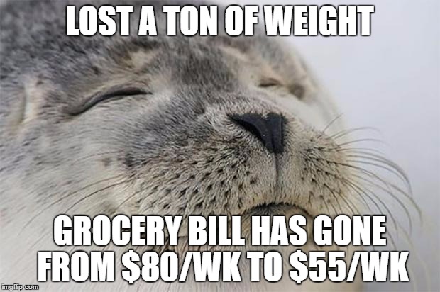 Satisfied Seal Meme | LOST A TON OF WEIGHT; GROCERY BILL HAS GONE FROM $80/WK TO $55/WK | image tagged in memes,satisfied seal | made w/ Imgflip meme maker