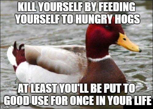 Malicious Advice Mallard | KILL YOURSELF BY FEEDING YOURSELF TO HUNGRY HOGS; AT LEAST YOU'LL BE PUT TO GOOD USE FOR ONCE IN YOUR LIFE | image tagged in memes,malicious advice mallard | made w/ Imgflip meme maker