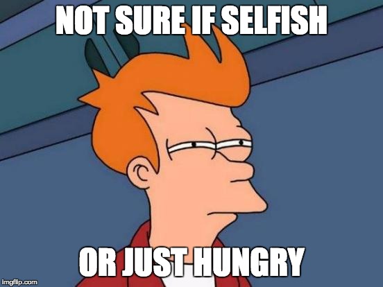 When your brother eats all the chips | NOT SURE IF SELFISH; OR JUST HUNGRY | image tagged in memes,futurama fry | made w/ Imgflip meme maker