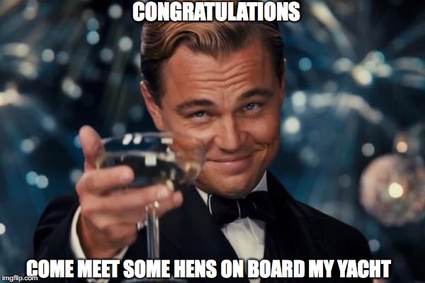 Leonardo Dicaprio Cheers Meme | COME MEET SOME HENS ON BOARD MY YACHT CONGRATULATIONS | image tagged in memes,leonardo dicaprio cheers | made w/ Imgflip meme maker