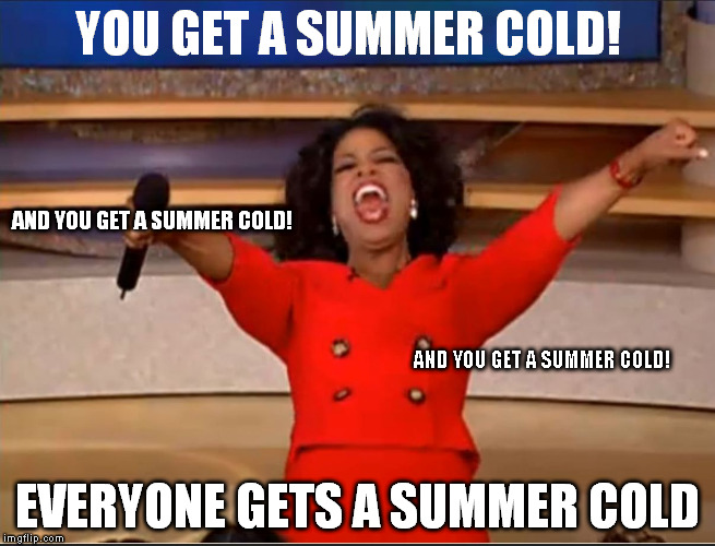 Summer colds.  The gift that keeps on giving. | YOU GET A SUMMER COLD! AND YOU GET A SUMMER COLD! AND YOU GET A SUMMER COLD! EVERYONE GETS A SUMMER COLD | image tagged in oprah,summer cold,sick | made w/ Imgflip meme maker