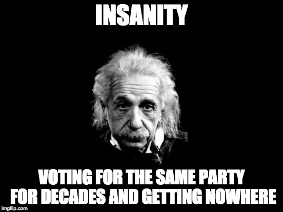 Einstein | INSANITY; VOTING FOR THE SAME PARTY FOR DECADES AND GETTING NOWHERE | image tagged in voting,albert einstein | made w/ Imgflip meme maker