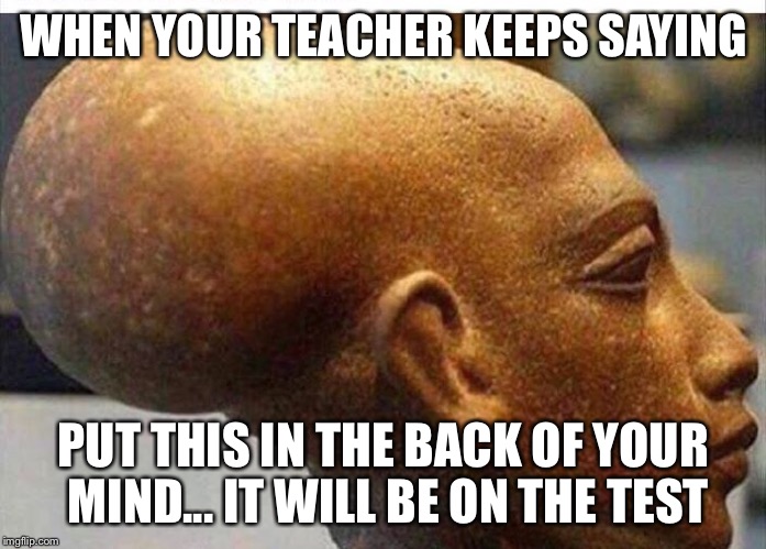 When your teacher says "put this in the back of your mind!" | WHEN YOUR TEACHER KEEPS SAYING; PUT THIS IN THE BACK OF YOUR MIND... IT WILL BE ON THE TEST | image tagged in funny,memes | made w/ Imgflip meme maker