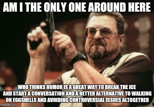 Am I The Only One Around Here | AM I THE ONLY ONE AROUND HERE; WHO THINKS HUMOR IS A GREAT WAY TO BREAK THE ICE AND START A CONVERSATION AND A BETTER ALTERNATIVE TO WALKING ON EGGSHELLS AND AVOIDING CONTROVERSIAL ISSUES ALTOGETHER | image tagged in memes,am i the only one around here,AdviceAnimals | made w/ Imgflip meme maker
