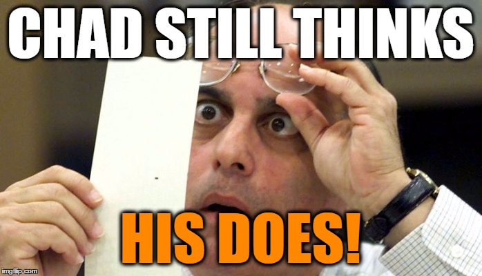 CHAD STILL THINKS HIS DOES! | image tagged in hanging chad | made w/ Imgflip meme maker