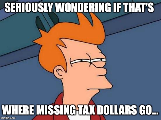 Futurama Fry Meme | SERIOUSLY WONDERING IF THAT'S WHERE MISSING TAX DOLLARS GO... | image tagged in memes,futurama fry | made w/ Imgflip meme maker