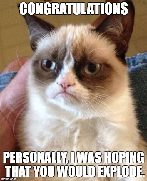Grumpy Cat Meme | CONGRATULATIONS PERSONALLY, I WAS HOPING THAT YOU WOULD EXPLODE. | image tagged in memes,grumpy cat | made w/ Imgflip meme maker