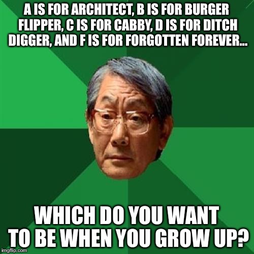 High Expectations Asian Father Meme | A IS FOR ARCHITECT, B IS FOR BURGER FLIPPER, C IS FOR CABBY, D IS FOR DITCH DIGGER, AND F IS FOR FORGOTTEN FOREVER... WHICH DO YOU WANT TO BE WHEN YOU GROW UP? | image tagged in memes,high expectations asian father | made w/ Imgflip meme maker