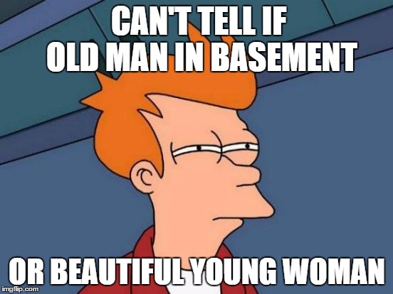 Catfishing | CAN'T TELL IF OLD MAN IN BASEMENT; OR BEAUTIFUL YOUNG WOMAN | image tagged in memes,futurama fry,catfish,old man | made w/ Imgflip meme maker