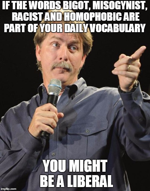 Jeff Foxworthy | IF THE WORDS BIGOT, MISOGYNIST, RACIST AND HOMOPHOBIC ARE PART OF YOUR DAILY VOCABULARY; YOU MIGHT BE A LIBERAL | image tagged in jeff foxworthy | made w/ Imgflip meme maker