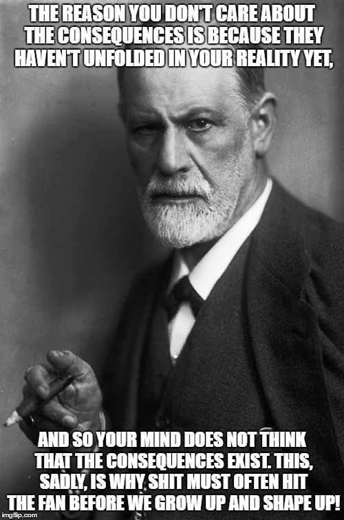 Sigmund Freud Meme | THE REASON YOU DON'T CARE ABOUT THE CONSEQUENCES IS BECAUSE THEY HAVEN'T UNFOLDED IN YOUR REALITY YET, AND SO YOUR MIND DOES NOT THINK THAT THE CONSEQUENCES EXIST. THIS, SADLY, IS WHY SHIT MUST OFTEN HIT THE FAN BEFORE WE GROW UP AND SHAPE UP! | image tagged in memes,sigmund freud | made w/ Imgflip meme maker