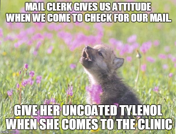 Baby Insanity Wolf Meme | MAIL CLERK GIVES US ATTITUDE WHEN WE COME TO CHECK FOR OUR MAIL. GIVE HER UNCOATED TYLENOL WHEN SHE COMES TO THE CLINIC | image tagged in memes,baby insanity wolf | made w/ Imgflip meme maker