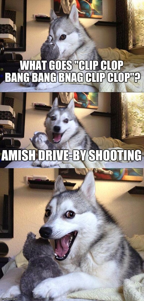 Bad Pun Dog | WHAT GOES "CLIP CLOP BANG BANG BNAG CLIP CLOP"? AMISH DRIVE-BY SHOOTING | image tagged in memes,bad pun dog | made w/ Imgflip meme maker