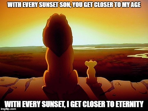 Lion King | WITH EVERY SUNSET SON, YOU GET CLOSER TO MY AGE; WITH EVERY SUNSET, I GET CLOSER TO ETERNITY | image tagged in memes,lion king | made w/ Imgflip meme maker