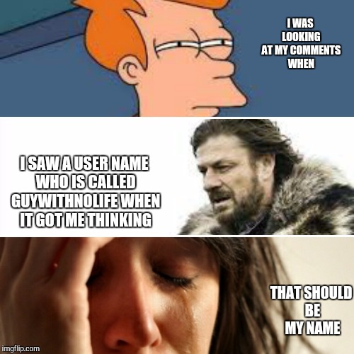 The username | I WAS LOOKING AT MY COMMENTS WHEN; I SAW A USER NAME WHO IS CALLED GUYWITHNOLIFE WHEN IT GOT ME THINKING; THAT SHOULD BE MY NAME | image tagged in the username | made w/ Imgflip meme maker