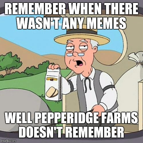 Pepperidge Farm Remembers Meme | REMEMBER WHEN THERE WASN'T ANY MEMES; WELL PEPPERIDGE FARMS DOESN'T REMEMBER | image tagged in memes,pepperidge farm remembers | made w/ Imgflip meme maker