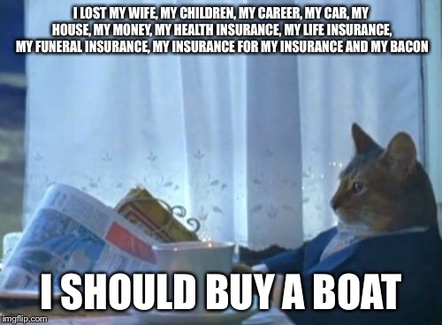 I lost everything...no biggy  | I LOST MY WIFE, MY CHILDREN, MY CAREER, MY CAR, MY HOUSE, MY MONEY, MY HEALTH INSURANCE, MY LIFE INSURANCE, MY FUNERAL INSURANCE, MY INSURANCE FOR MY INSURANCE AND MY BACON; I SHOULD BUY A BOAT | image tagged in memes,i should buy a boat cat,boat,cats,lost,everything | made w/ Imgflip meme maker