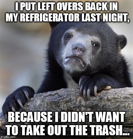 Confession Bear | I PUT LEFT OVERS BACK IN MY REFRIGERATOR LAST NIGHT, BECAUSE I DIDN'T WANT TO TAKE OUT THE TRASH... | image tagged in memes,confession bear | made w/ Imgflip meme maker