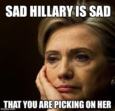 SAD HILLARY | SAD HILLARY IS SAD; THAT YOU ARE PICKING ON HER | image tagged in hillary clinton | made w/ Imgflip meme maker