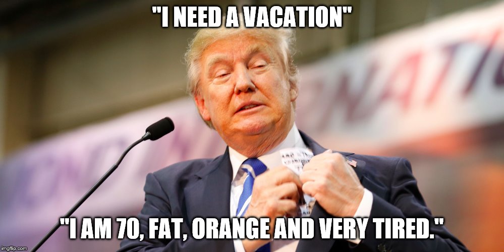 "I NEED A VACATION"; "I AM 70, FAT, ORANGE AND VERY TIRED." | image tagged in donnie tired | made w/ Imgflip meme maker