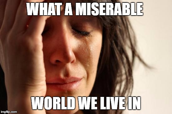 First World Problems Meme | WHAT A MISERABLE WORLD WE LIVE IN | image tagged in memes,first world problems | made w/ Imgflip meme maker
