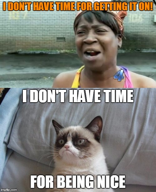 I DON'T HAVE TIME FOR GETTING IT ON! FOR BEING NICE I DON'T HAVE TIME | made w/ Imgflip meme maker