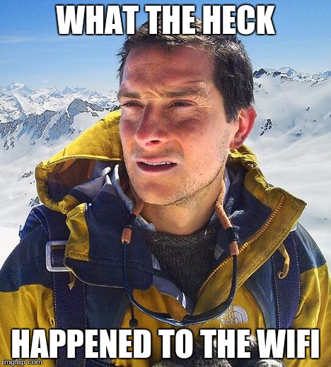 Bear Grylls | WHAT THE HECK; HAPPENED TO THE WIFI | image tagged in memes,bear grylls | made w/ Imgflip meme maker