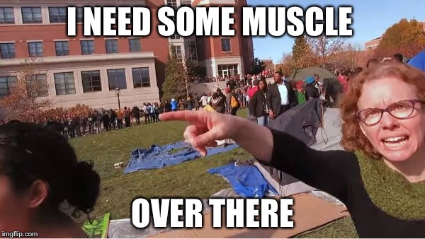 Melissa Click | I NEED SOME MUSCLE OVER THERE | image tagged in melissa click | made w/ Imgflip meme maker