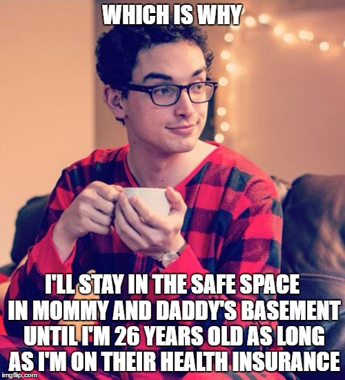 WHICH IS WHY I'LL STAY IN THE SAFE SPACE IN MOMMY AND DADDY'S BASEMENT UNTIL I'M 26 YEARS OLD AS LONG AS I'M ON THEIR HEALTH INSURANCE | made w/ Imgflip meme maker