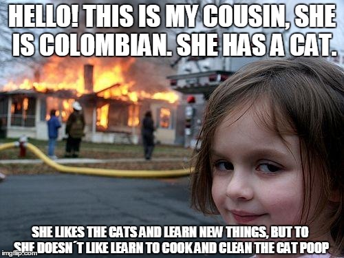 Disaster Girl | HELLO! THIS IS MY COUSIN, SHE IS COLOMBIAN. SHE HAS A CAT. SHE LIKES THE CATS AND LEARN NEW THINGS, BUT TO SHE DOESN´T LIKE LEARN TO COOK AND CLEAN THE CAT POOP | image tagged in memes,disaster girl | made w/ Imgflip meme maker