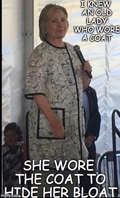 I KNEW AN OLD LADY WHO WORE A COAT; SHE WORE THE COAT TO HIDE HER BLOAT | image tagged in wtf hillary | made w/ Imgflip meme maker