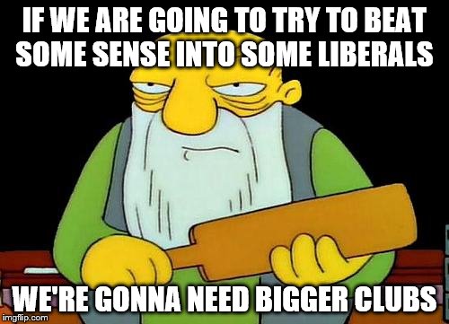 That's a paddlin' | IF WE ARE GOING TO TRY TO BEAT SOME SENSE INTO SOME LIBERALS; WE'RE GONNA NEED BIGGER CLUBS | image tagged in memes,that's a paddlin' | made w/ Imgflip meme maker