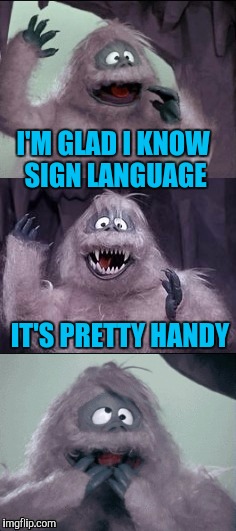 Bumble's Joke | I'M GLAD I KNOW SIGN LANGUAGE; IT'S PRETTY HANDY | image tagged in bumble's joke | made w/ Imgflip meme maker