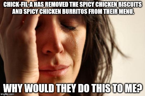 First World Problems | CHICK-FIL-A HAS REMOVED THE SPICY CHICKEN BISCUITS AND SPICY CHICKEN BURRITOS FROM THEIR MENU. WHY WOULD THEY DO THIS TO ME? | image tagged in memes,first world problems | made w/ Imgflip meme maker