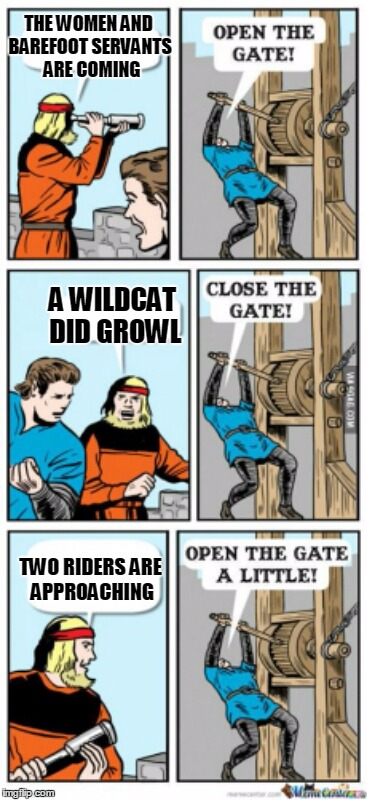 All Along the Watchtower | THE WOMEN AND BAREFOOT SERVANTS  ARE COMING; A WILDCAT DID GROWL; TWO RIDERS ARE APPROACHING | image tagged in open the gate a little | made w/ Imgflip meme maker