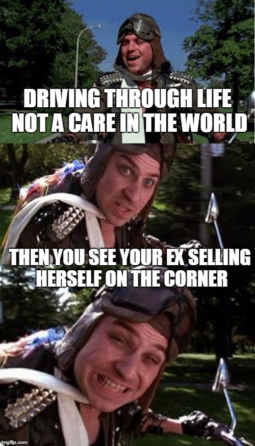 Bad Pun Bobcat Goldthwait | DRIVING THROUGH LIFE NOT A CARE IN THE WORLD; THEN YOU SEE YOUR EX SELLING HERSELF ON THE CORNER | image tagged in bad pun bobcat goldthwait | made w/ Imgflip meme maker