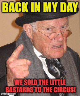 Back In My Day Meme | BACK IN MY DAY WE SOLD THE LITTLE BASTARDS TO THE CIRCUS! | image tagged in memes,back in my day | made w/ Imgflip meme maker