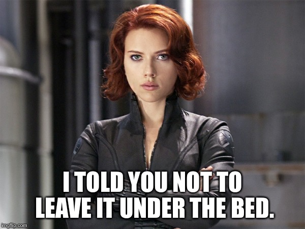 Black Widow - Not Impressed | I TOLD YOU NOT TO LEAVE IT UNDER THE BED. | image tagged in black widow - not impressed | made w/ Imgflip meme maker