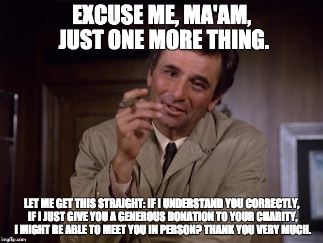 Columbo should investigate the Clinton Foundation and her emails. | EXCUSE ME, MA'AM, JUST ONE MORE THING. LET ME GET THIS STRAIGHT: IF I UNDERSTAND YOU CORRECTLY, IF I JUST GIVE YOU A GENEROUS DONATION TO YOUR CHARITY, I MIGHT BE ABLE TO MEET YOU IN PERSON? THANK YOU VERY MUCH. | image tagged in columbo | made w/ Imgflip meme maker