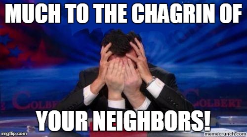 stephen colbert face palms | MUCH TO THE CHAGRIN OF YOUR NEIGHBORS! | image tagged in stephen colbert face palms | made w/ Imgflip meme maker