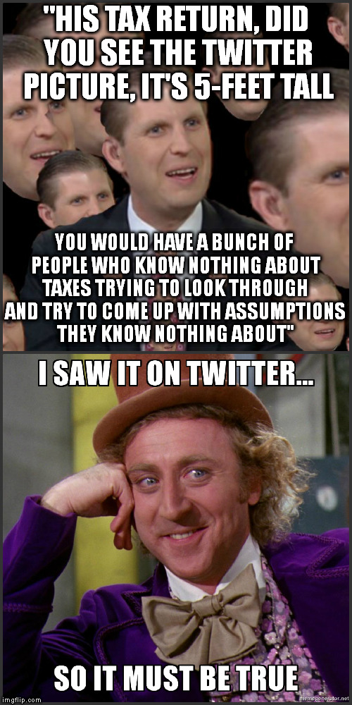 Trump Tax Returns | "HIS TAX RETURN, DID YOU SEE THE TWITTER PICTURE, IT'S 5-FEET TALL; YOU WOULD HAVE A BUNCH OF PEOPLE WHO KNOW NOTHING ABOUT TAXES TRYING TO LOOK THROUGH AND TRY TO COME UP WITH ASSUMPTIONS THEY KNOW NOTHING ABOUT" | image tagged in tax returns,eric trump,donald trump,twitter,make donald drumpf again,willy wonka | made w/ Imgflip meme maker