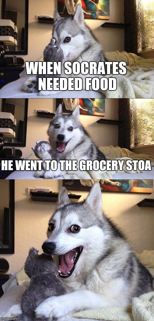 Bad Pun Dog Meme | WHEN SOCRATES NEEDED FOOD; HE WENT TO THE GROCERY STOA | image tagged in memes,bad pun dog | made w/ Imgflip meme maker