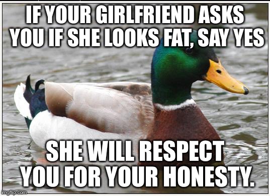 Actual Advice Mallard | IF YOUR GIRLFRIEND ASKS YOU IF SHE LOOKS FAT, SAY YES; SHE WILL RESPECT YOU FOR YOUR HONESTY. | image tagged in memes,actual advice mallard | made w/ Imgflip meme maker